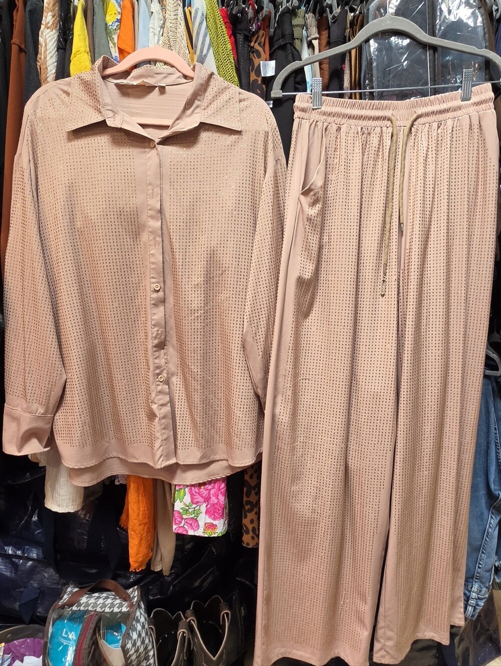 Beauty Taupe 2pcPant Set - Button Shirt & Drawstring Pant With All Around Bling